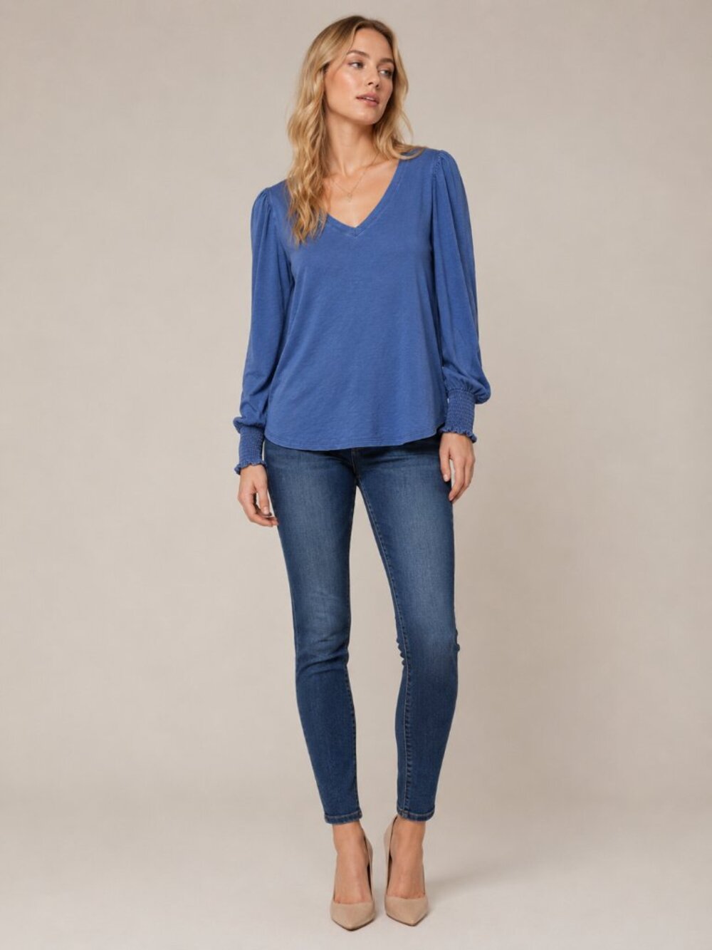 2/$30 Chico's V-Neck Shirred Sleeve Tee Smocked Bracelet Cuff Blue 8 #A2909